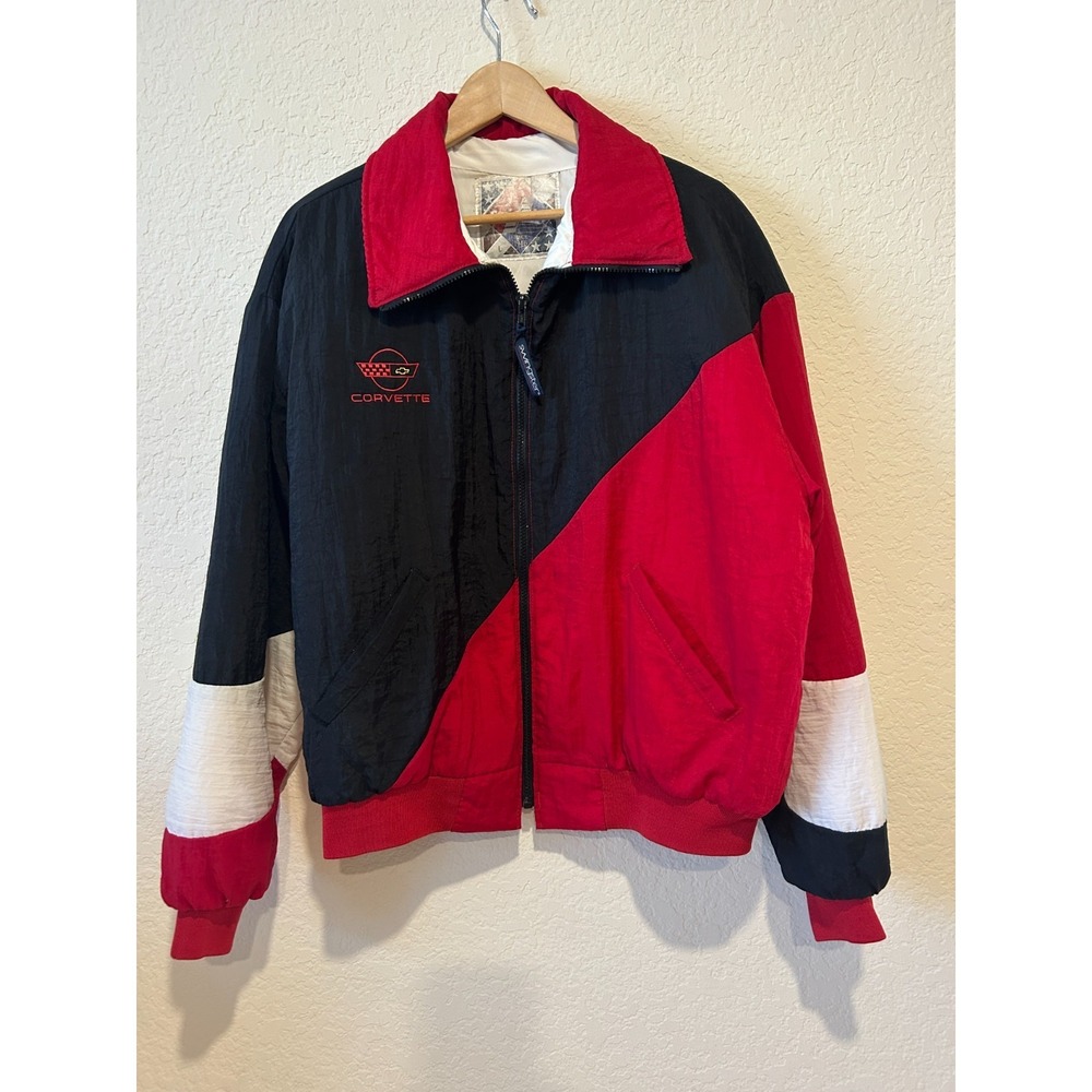 VTG Swingster Corvette Bomber Jacket Sz L Nylon Embroidered Logo Red White Black